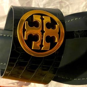 Tory Burch New Tags Benton Band Flat Sandal Crocodile Embossed Kelp Green 7.5